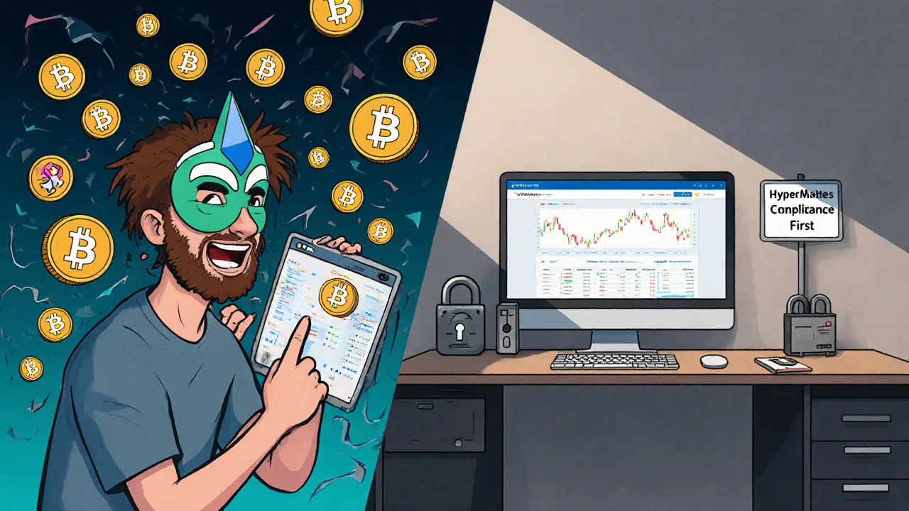 Contrast scene: chaotic crypto trader vs. calm enterprise user with HyperPay Wallet and compliance signage.