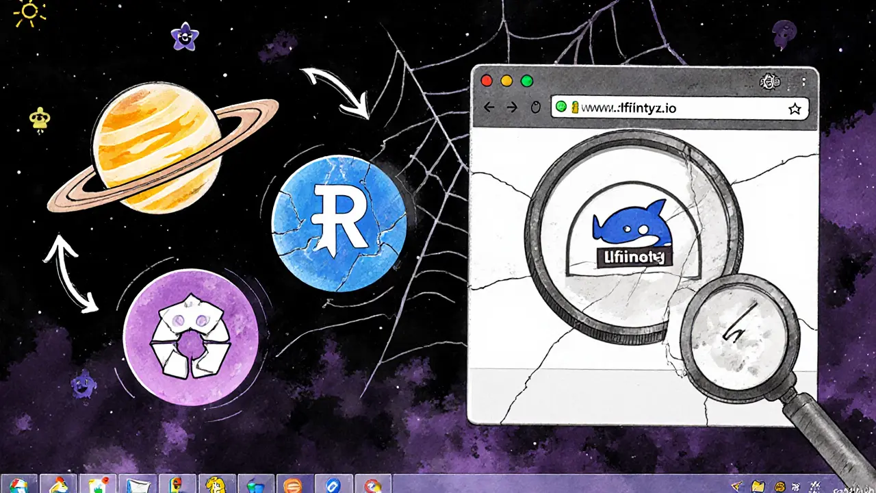 Dim, dusty Lifinity icon overshadowed by vibrant, active Solana DEXs like Jupiter and Raydium on a cluttered desktop.