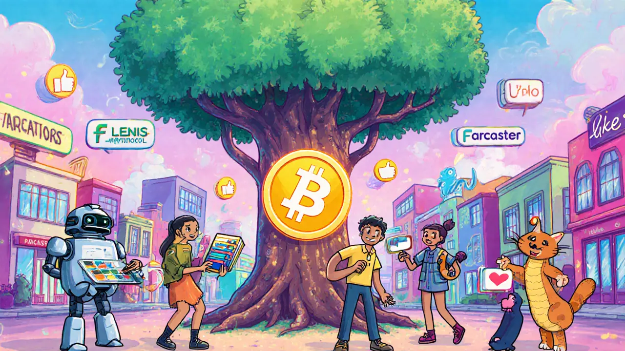 Diverse creators with unique AI agents gathered around a glowing BID token tree in a digital town.