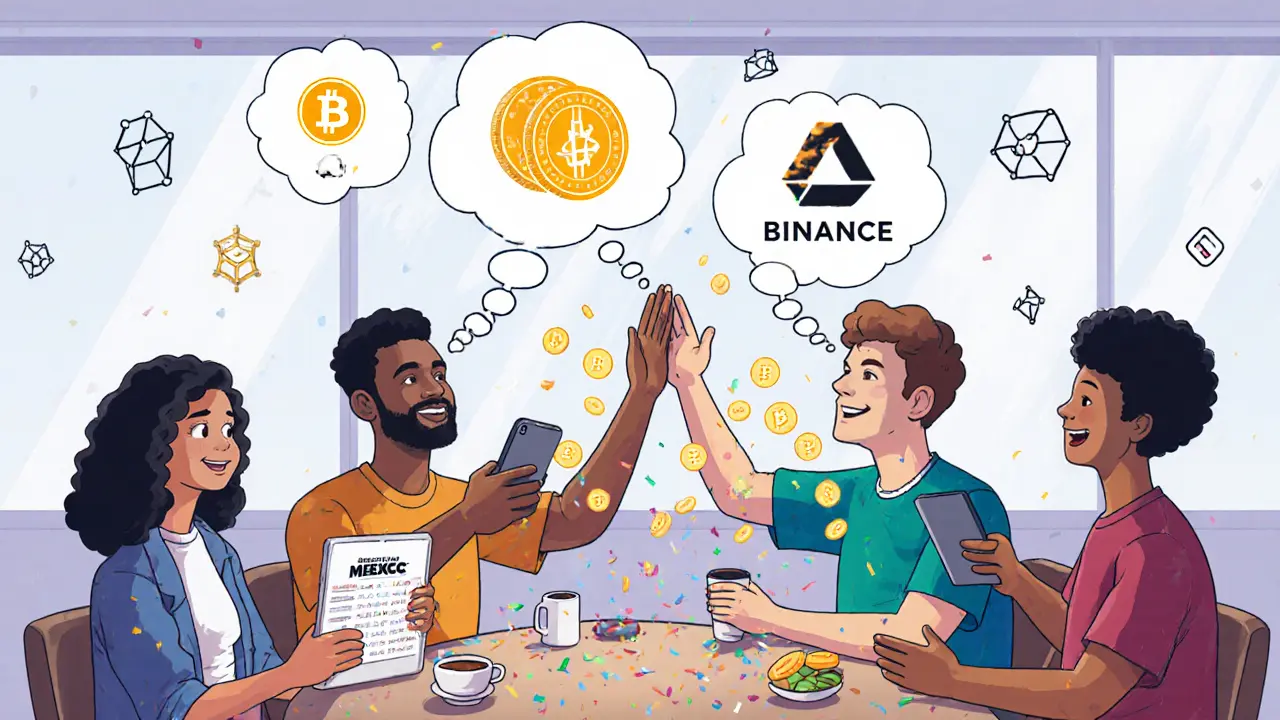 Friends enjoying coffee while checking SoccerHub apps with SCH tokens falling around them.