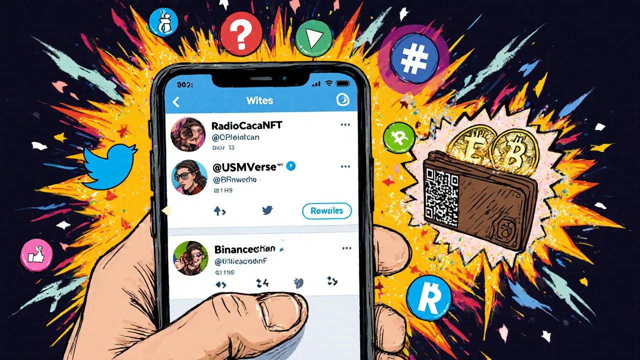 Hand holding phone with Twitter accounts and social media icons exploding outward, leading to a wallet filled with RACA tokens.