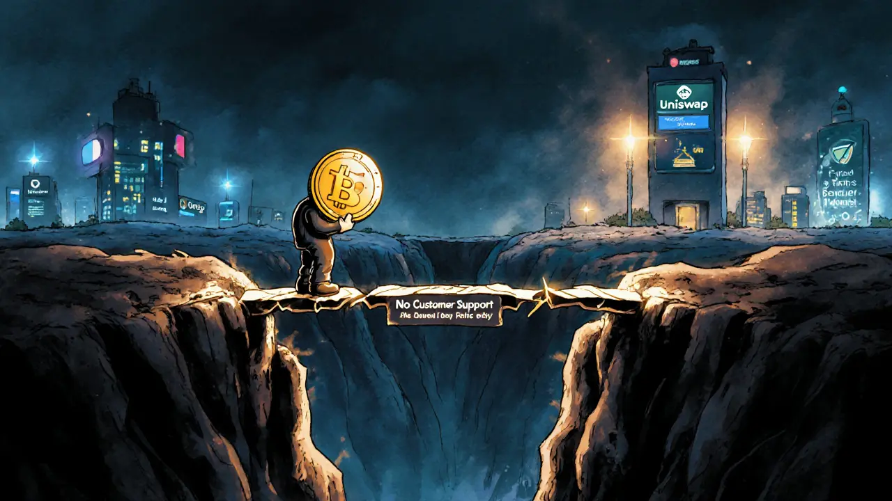 Investor on a crumbling smart contract bridge, unsafe DEX abyss below, safe exchanges glowing in distance.