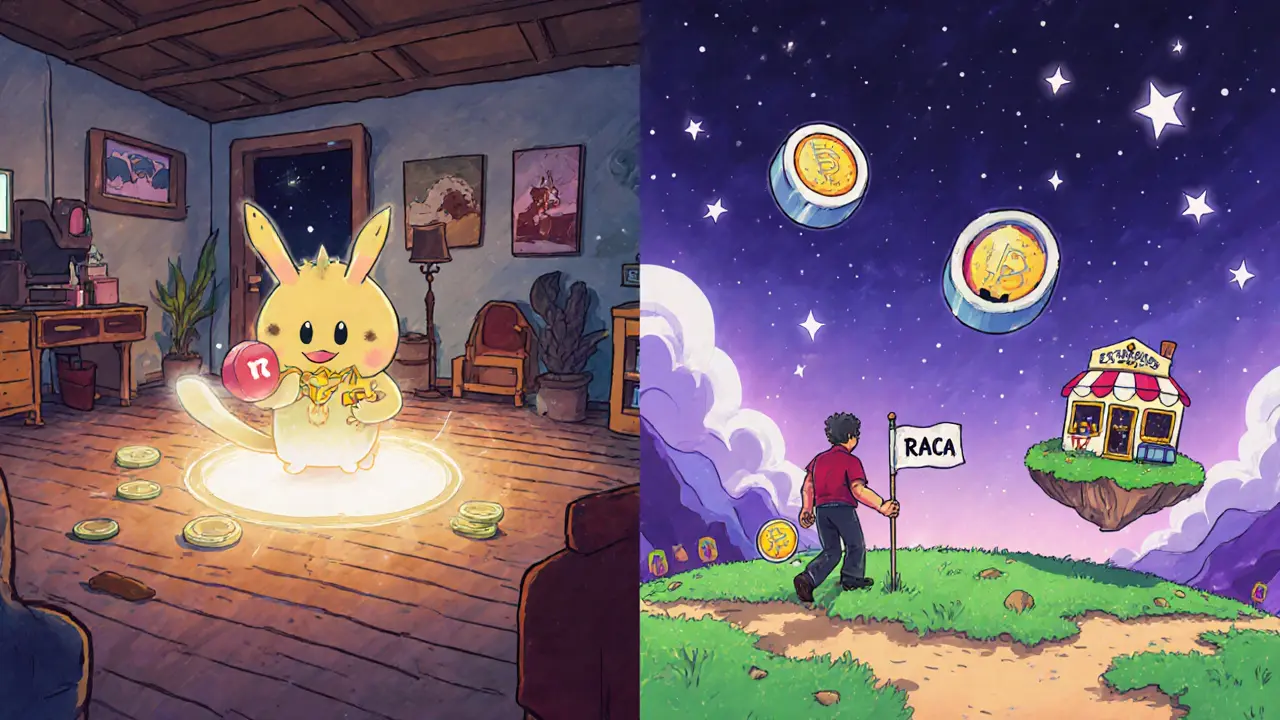 Player battling Metamon on one side, exploring virtual land in USMverse on the other, with RACA-shaped stars in the sky.