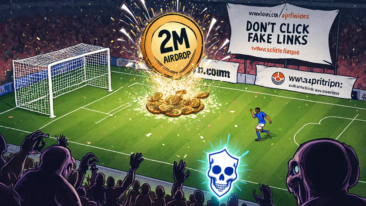 Virtual soccer goal scored with SCH tokens bursting as fake airdrop warnings appear nearby.