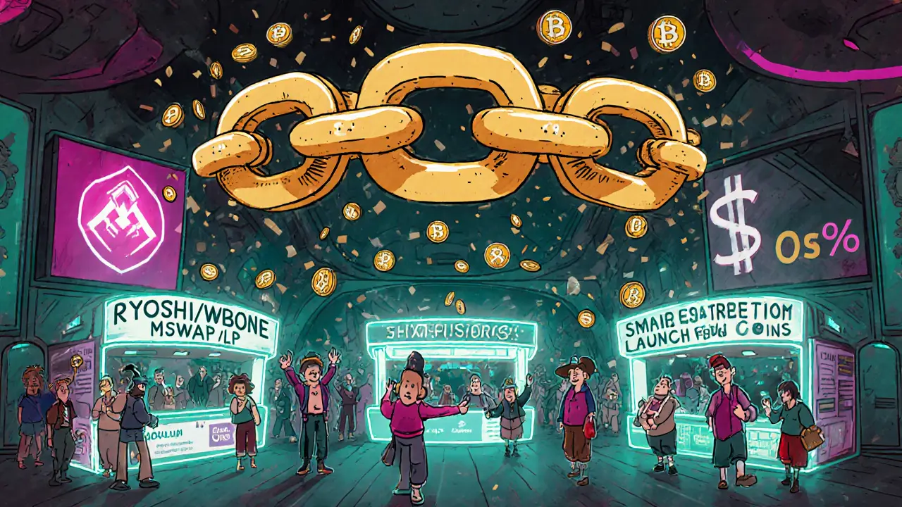 Whimsical Shibarium DEX bazaar with traders swapping tokens, low gas fees raining down, neon signs in background.