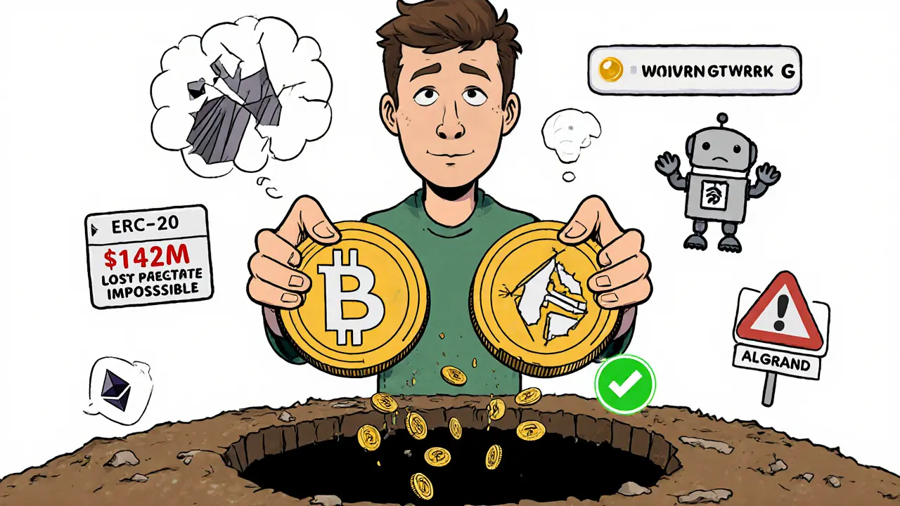 A confused user dropping USDT into a black hole labeled 'Wrong Network', with a loss counter and warning signs.