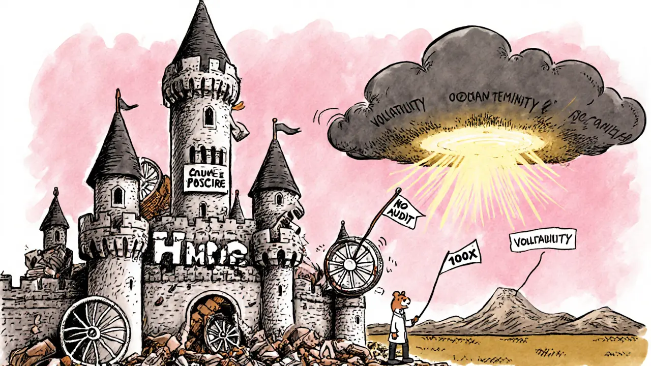 A crumbling castle made of hamster wheels and memes, with a 'No Audit' flag falling as dark clouds loom.