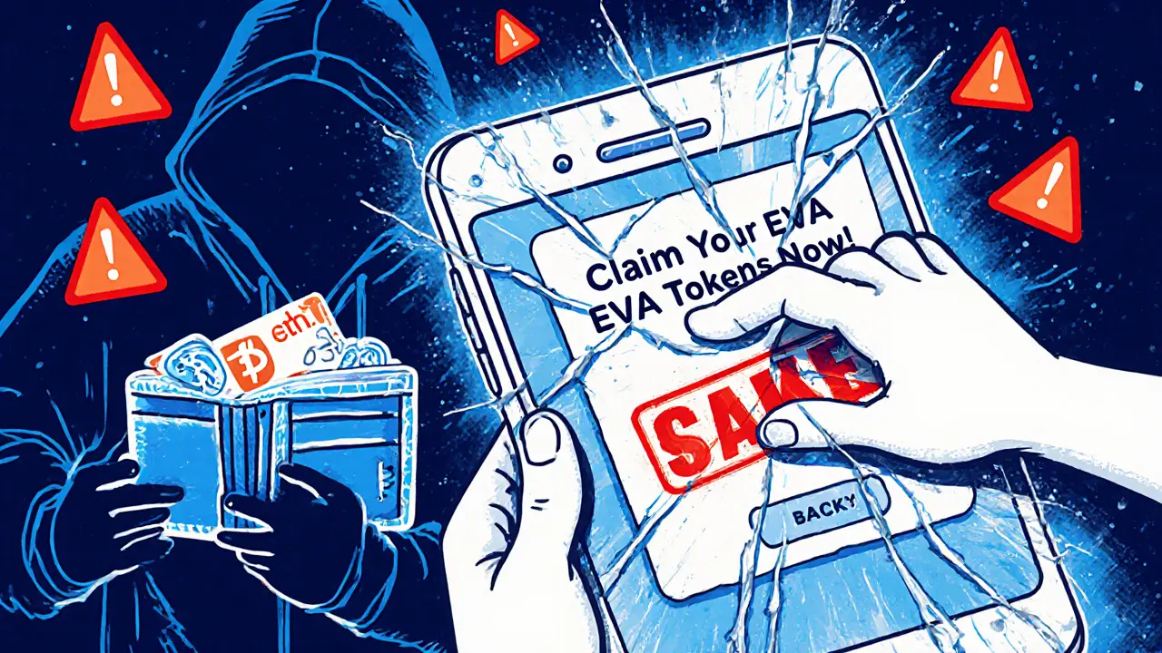 A fake EVA airdrop pop-up draining crypto from a wallet, shown in sketchy digital cartoon style.