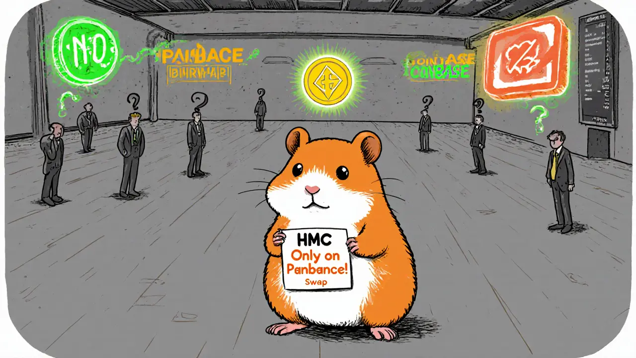A hamster holding a sign for PancakeSwap, standing alone in an empty trading hall with big 'No Binance' signs.