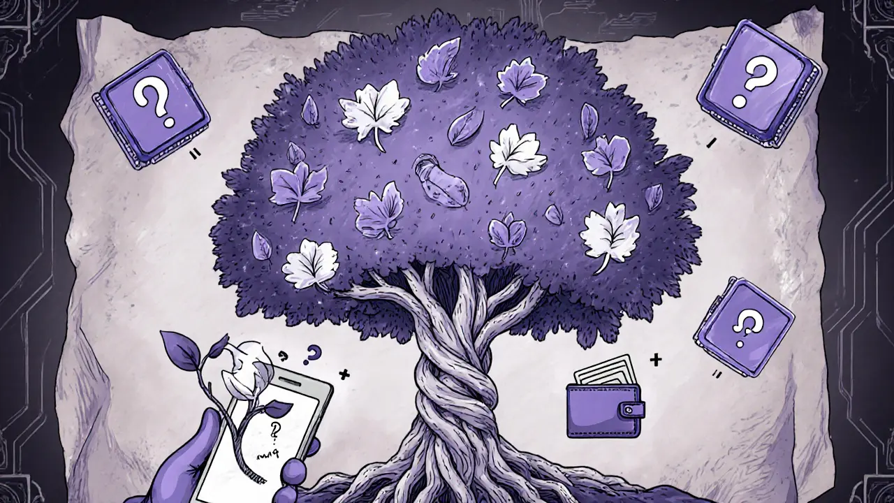 A Merkle tree with transaction leaves leading to one root hash, a smartphone wallet holding a verification branch.