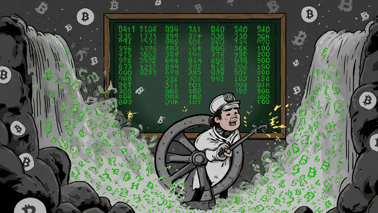 A miner turning a giant nonce wheel, causing a cascade of changing hash values in a comic-style lab scene.