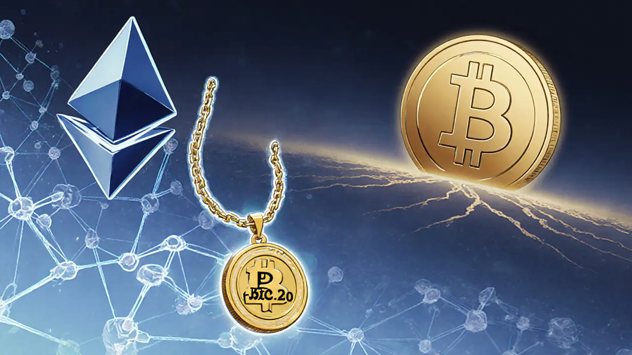 A small BTC2.0 token hanging from the Ethereum blockchain, dwarfed by the massive Bitcoin blockchain in the background.