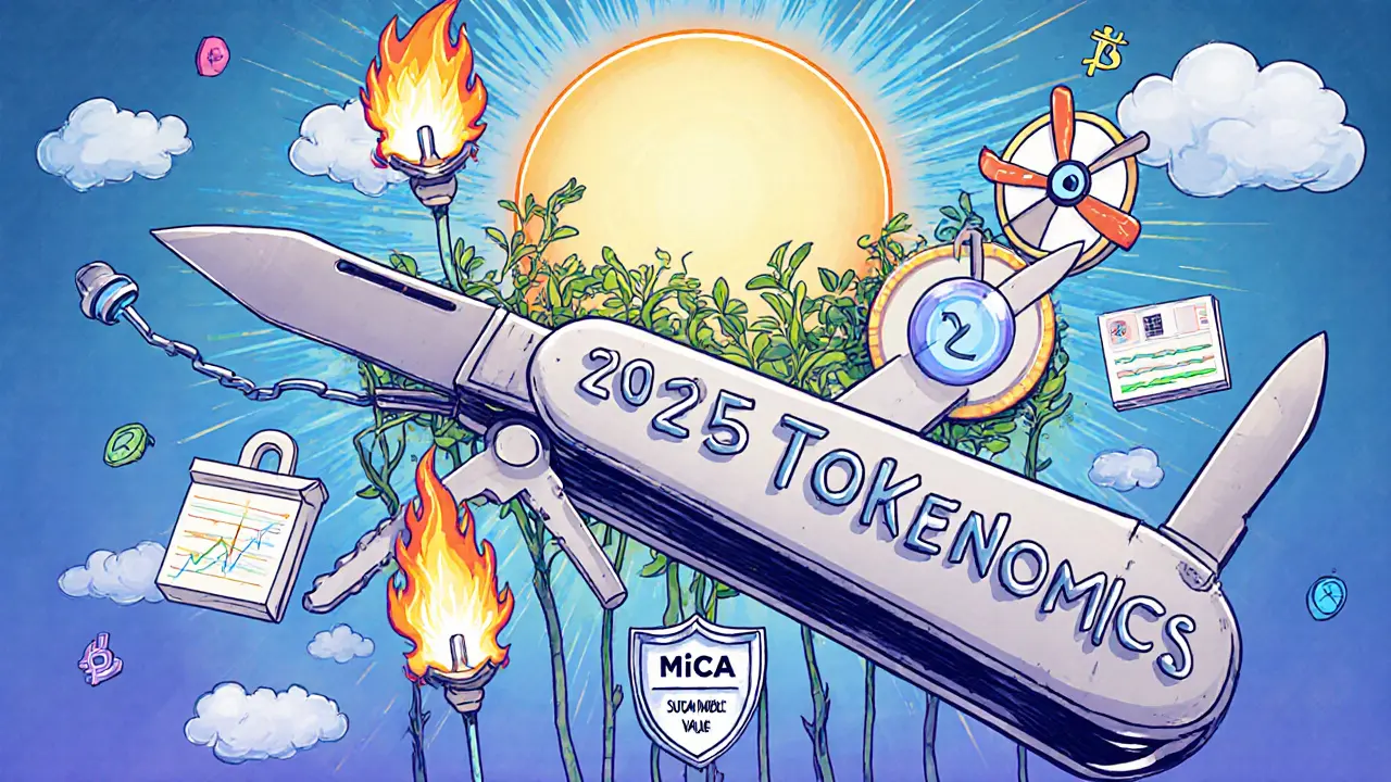 A Swiss Army knife made of blockchain elements, each tool representing a tokenomics mechanism with a compliance shield nearby.