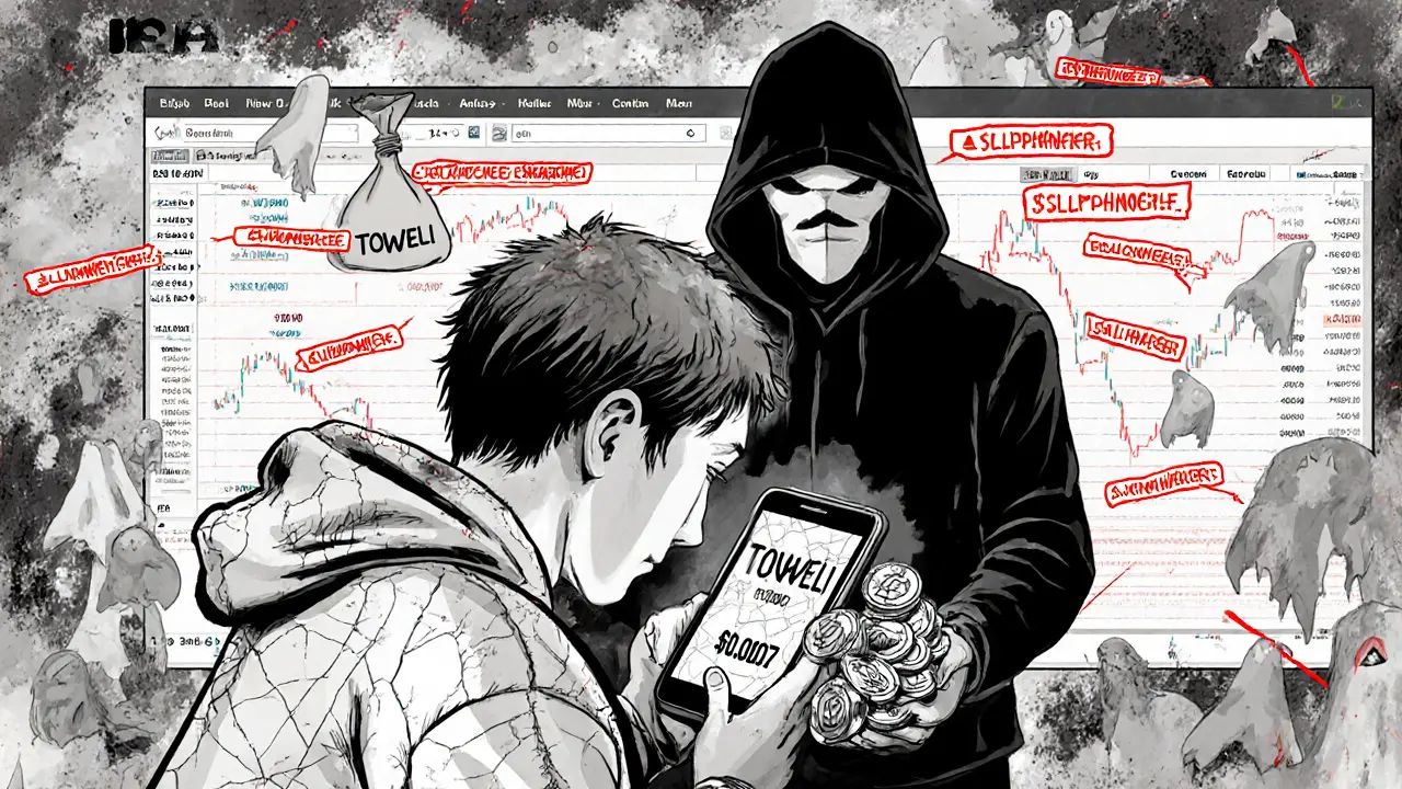 A trader stares at a crashing TOWELI price on a cracked phone while a shadowy figure exchanges ETH for worthless tokens.