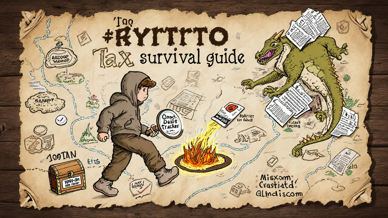 A treasure map titled 'Crypto Tax Survival Guide' with landmarks like Airdrop Island and DeFi Swamp, led by a hoodie-wearing explorer.