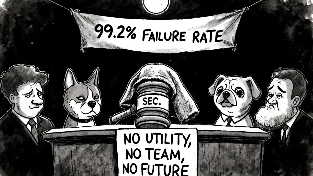 A wilted Towelie towel stands trial in a courtroom labeled 'No Utility,' judged by a stern SEC gavel as other meme coins look away.