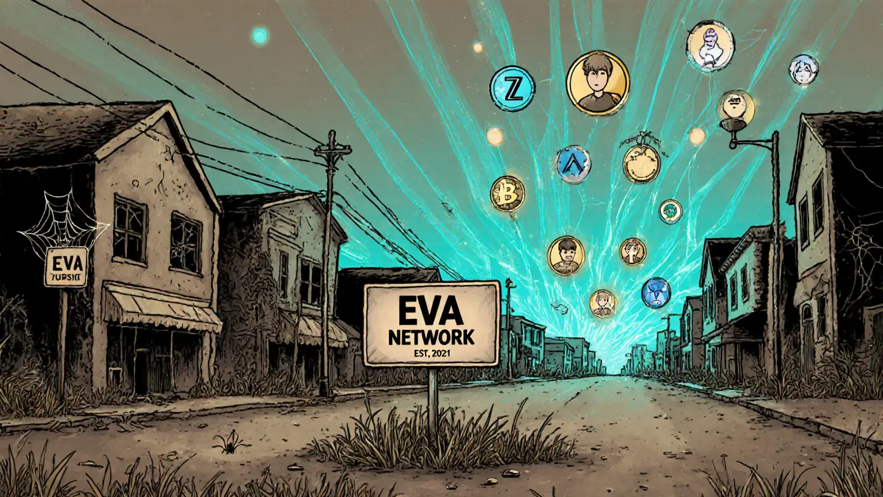 An abandoned EVA blockchain town vs. thriving privacy projects, drawn in faded and vibrant cartoon tones.
