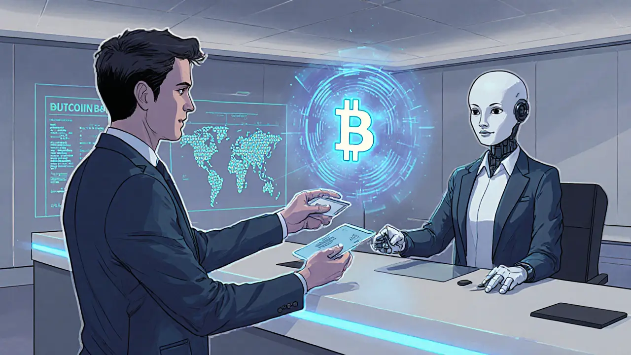 Banker and AI avatar handing a customer a token that transforms from a physical card.