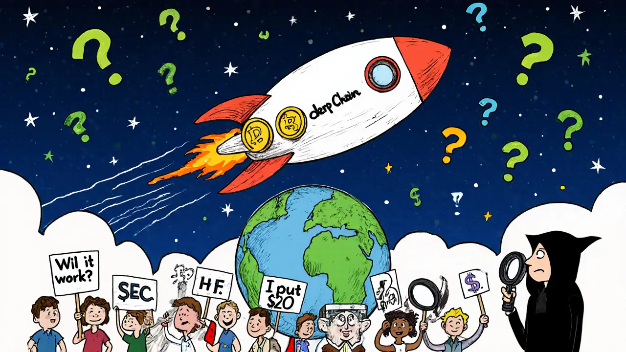 Derp Chain rocket launching from zkSync with investors watching and SEC watching nearby.