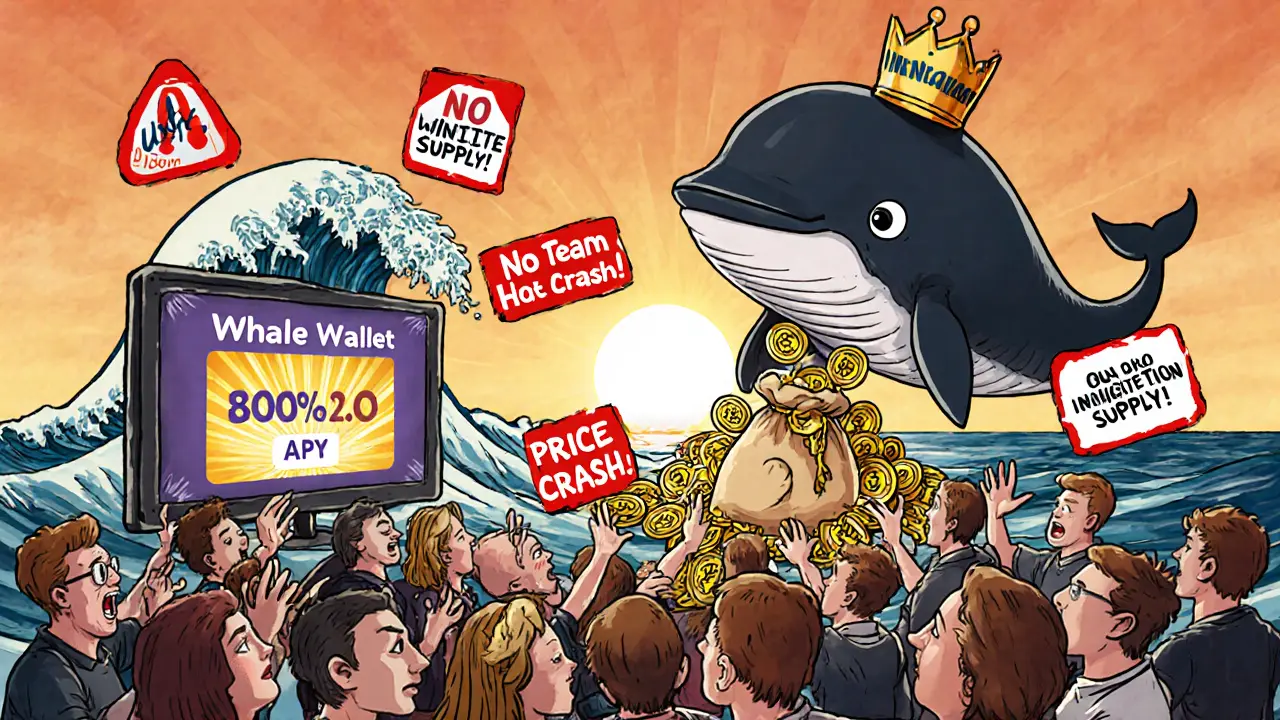 Investors excitedly holding BTC2.0 tokens as a giant whale dumps tokens, causing a price crash wave behind them.