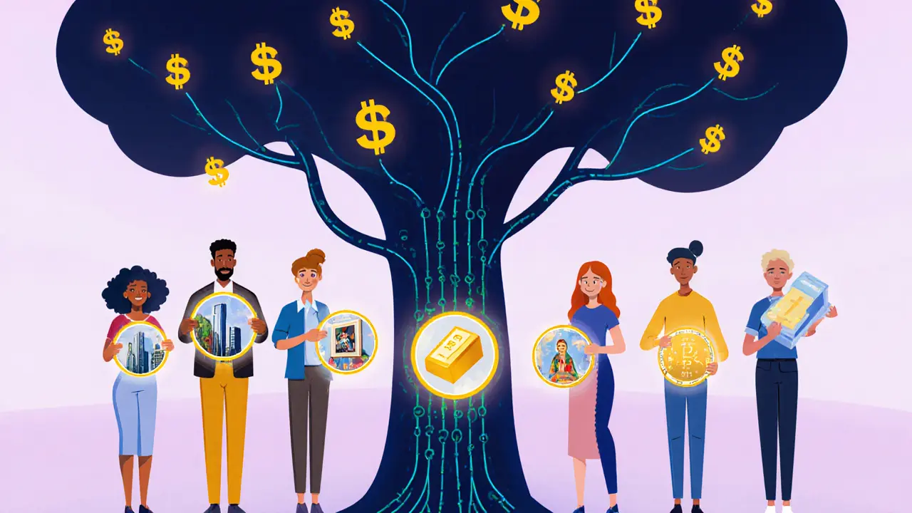 People holding glowing tokens representing real estate, art, and gold under a digital tree.