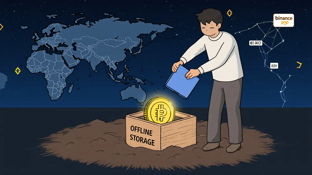 Person storing crypto in hardware wallet as digital yuan sinks into ground, international platforms above