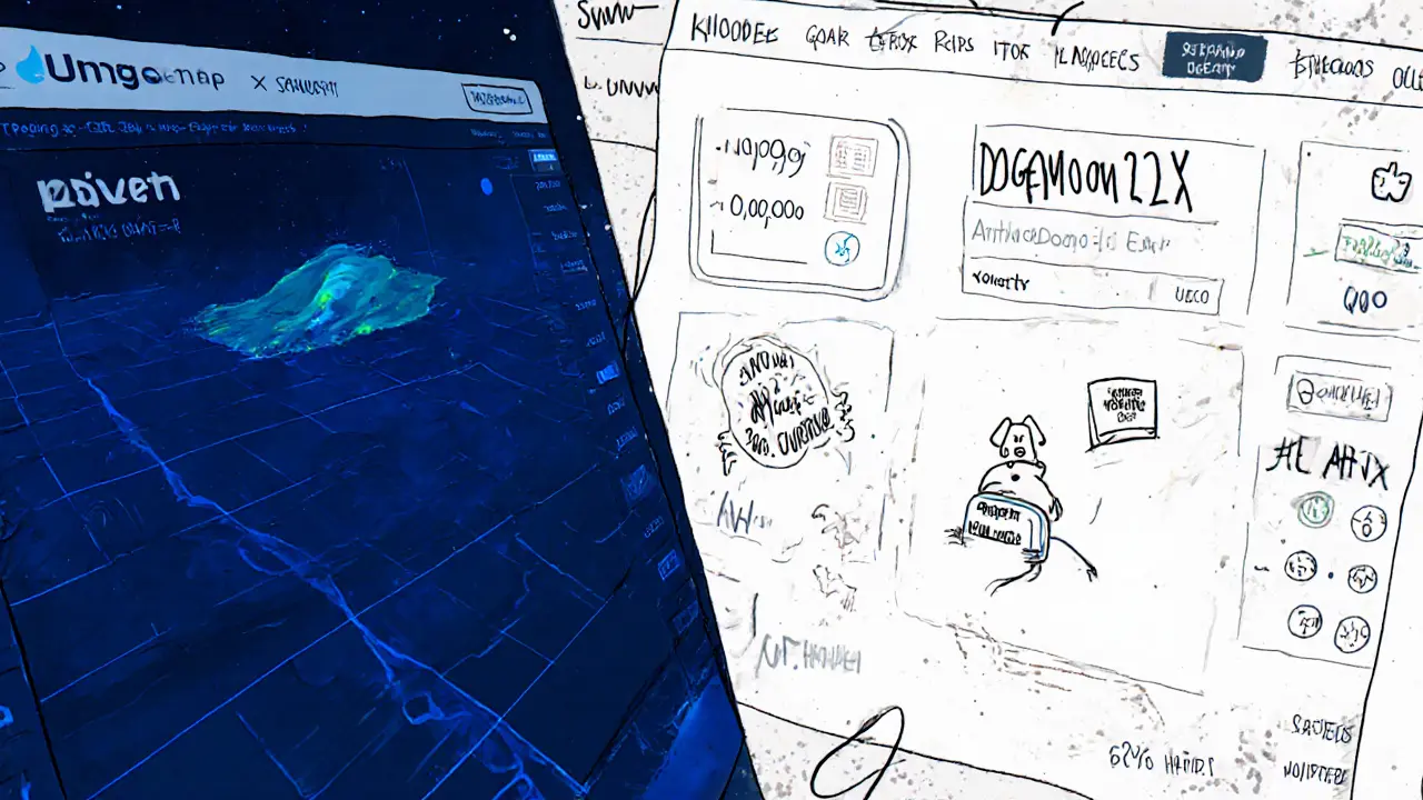 Split illustration comparing calm Uniswap to chaotic DerpDEX with only two trading pairs.