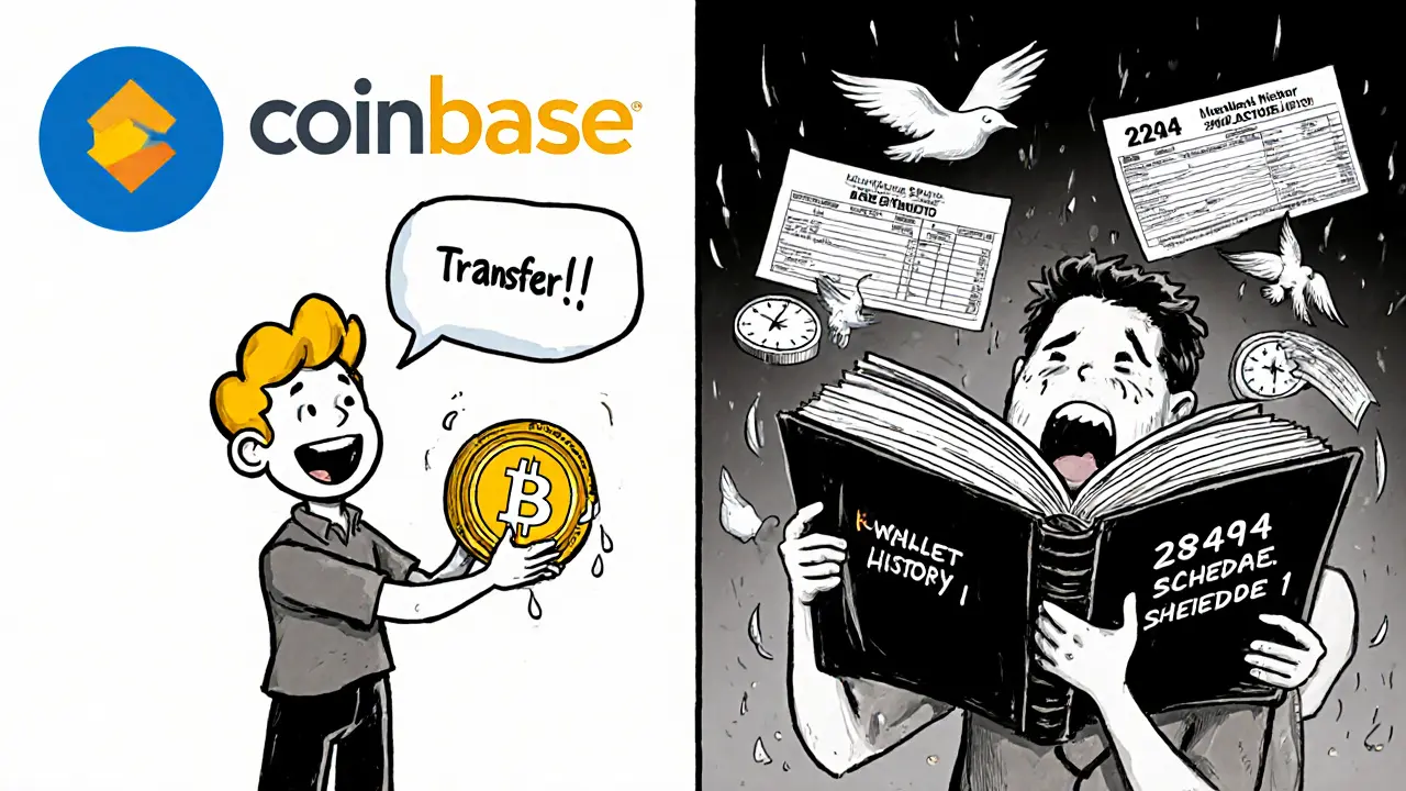 Split scene of someone transferring crypto happily on one side, frantically tracking past transactions on the other with floating tax forms.