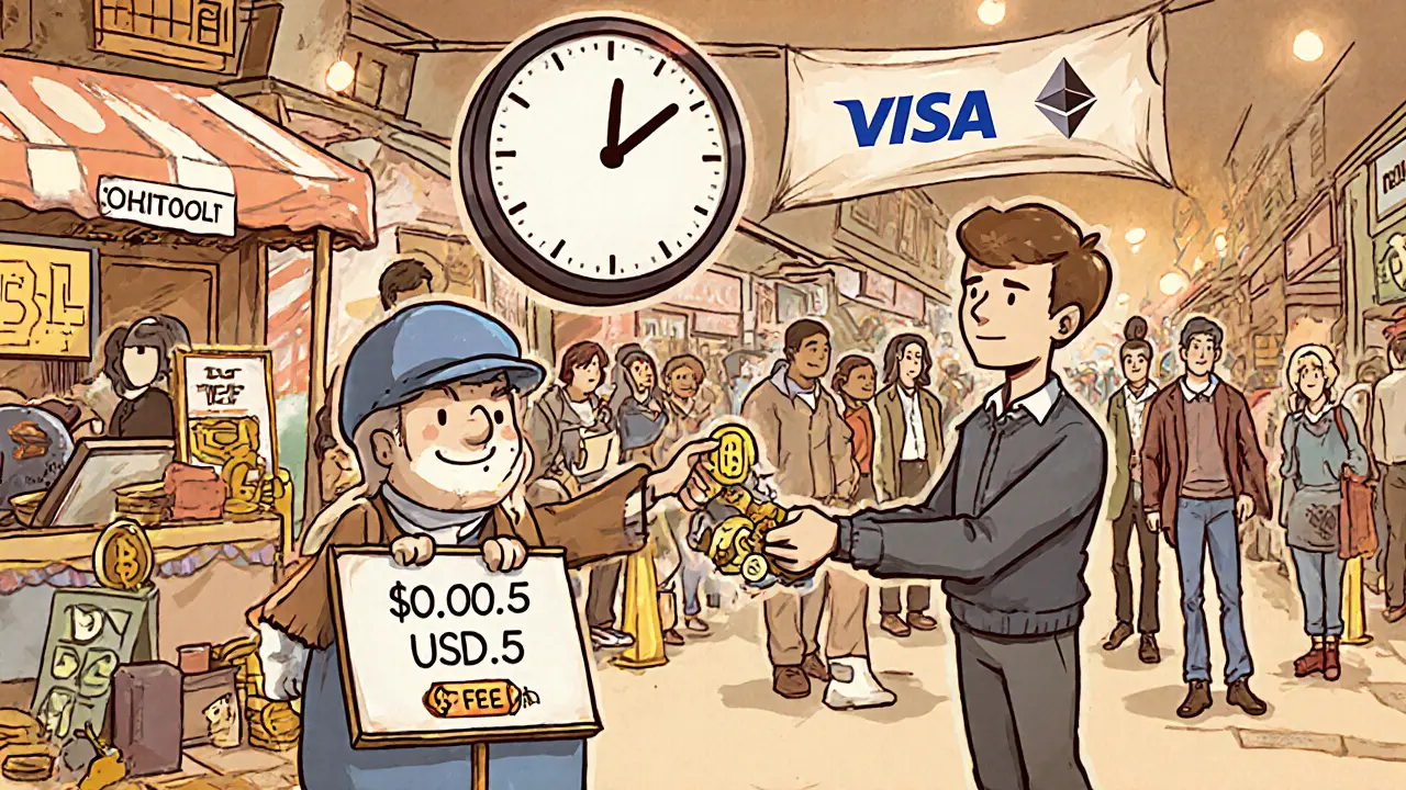 Traders exchanging altcoins quickly with USDT.a in a vibrant digital marketplace, while a slow Ethereum stall fades in the background.