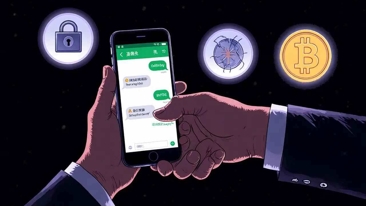 Two hands exchange crypto through WeChat and Alipay, with a Bitcoin icon glowing like a secret symbol.