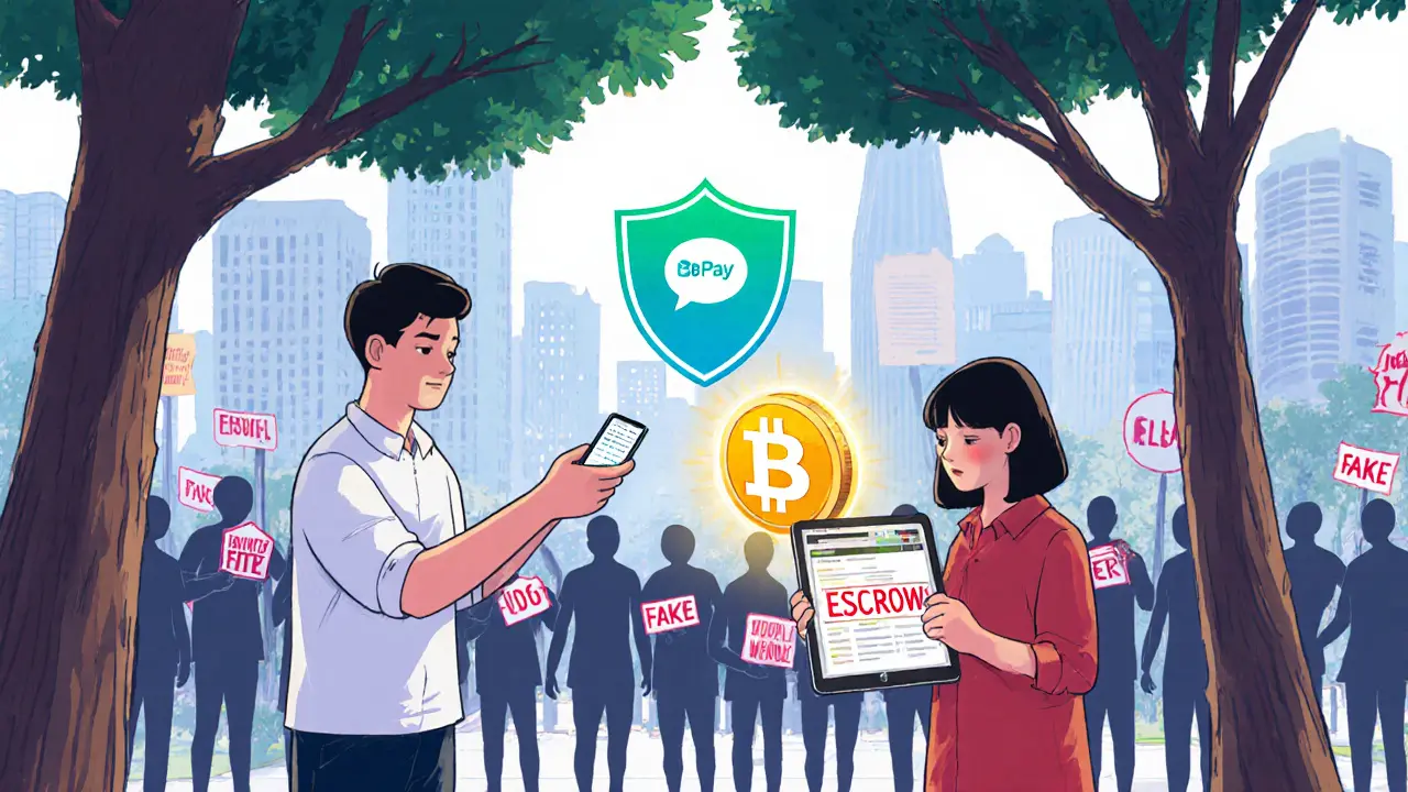 Two people trading USDT via WeChat Pay in park with escrow shield between them