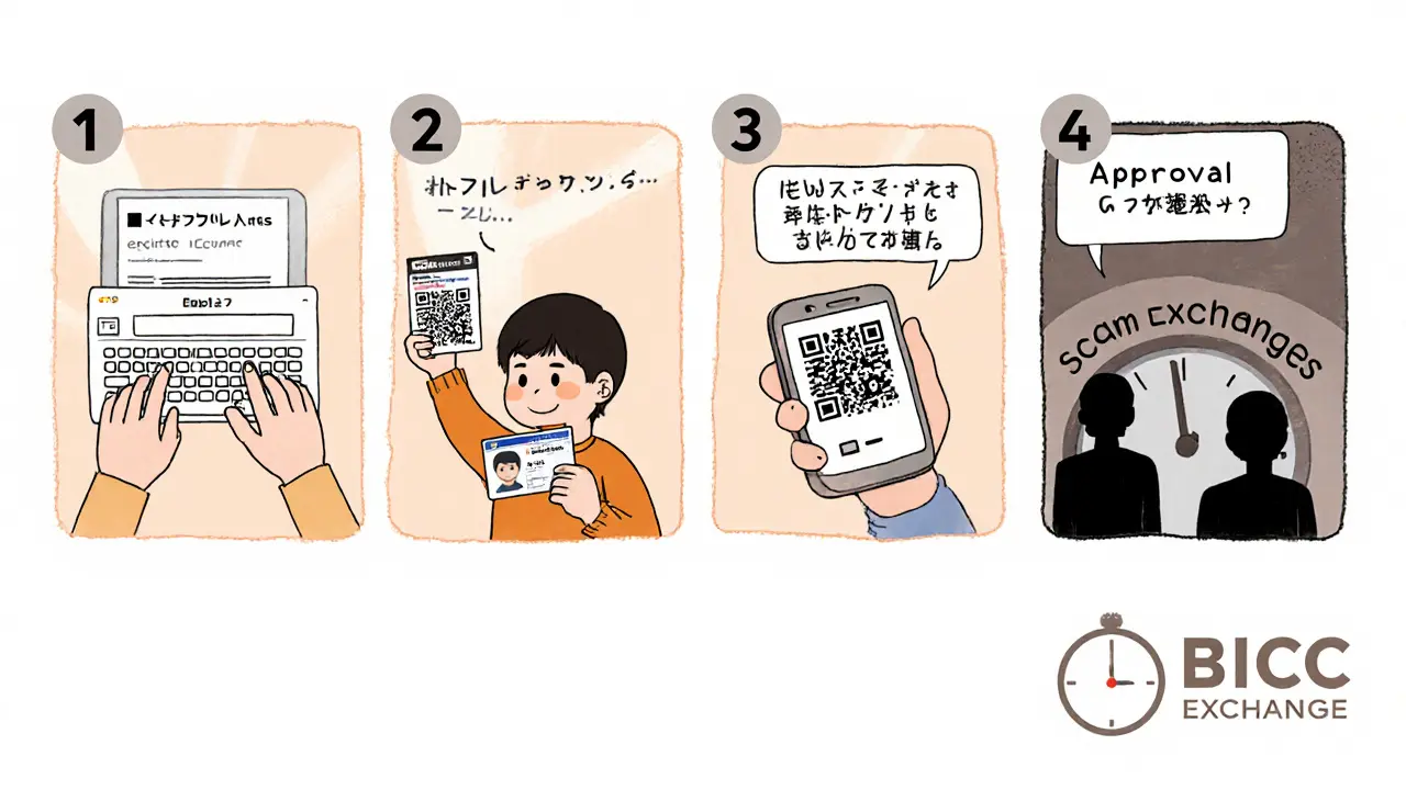 A cartoon guide walks a user through BICC Exchange registration steps with ID verification and 2FA setup.