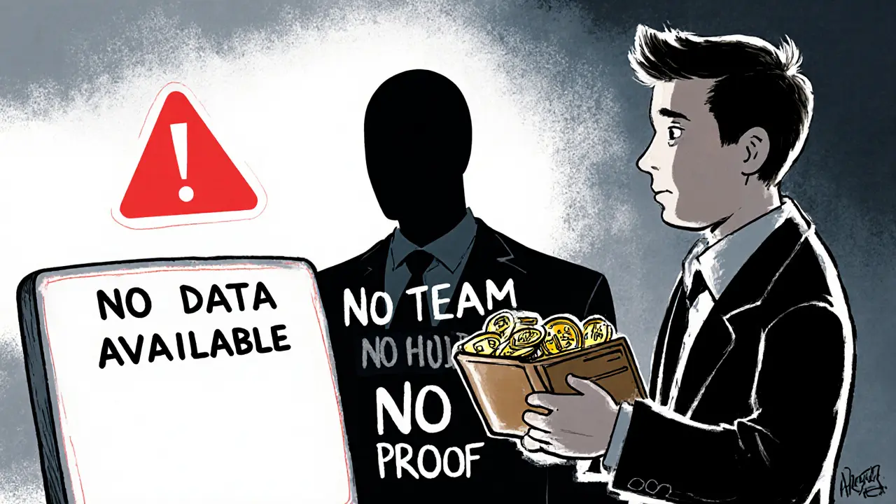 A confused investor faces a blank screen with a shadowy figure labeled 'No Team, No Audit, No Proof' behind them.