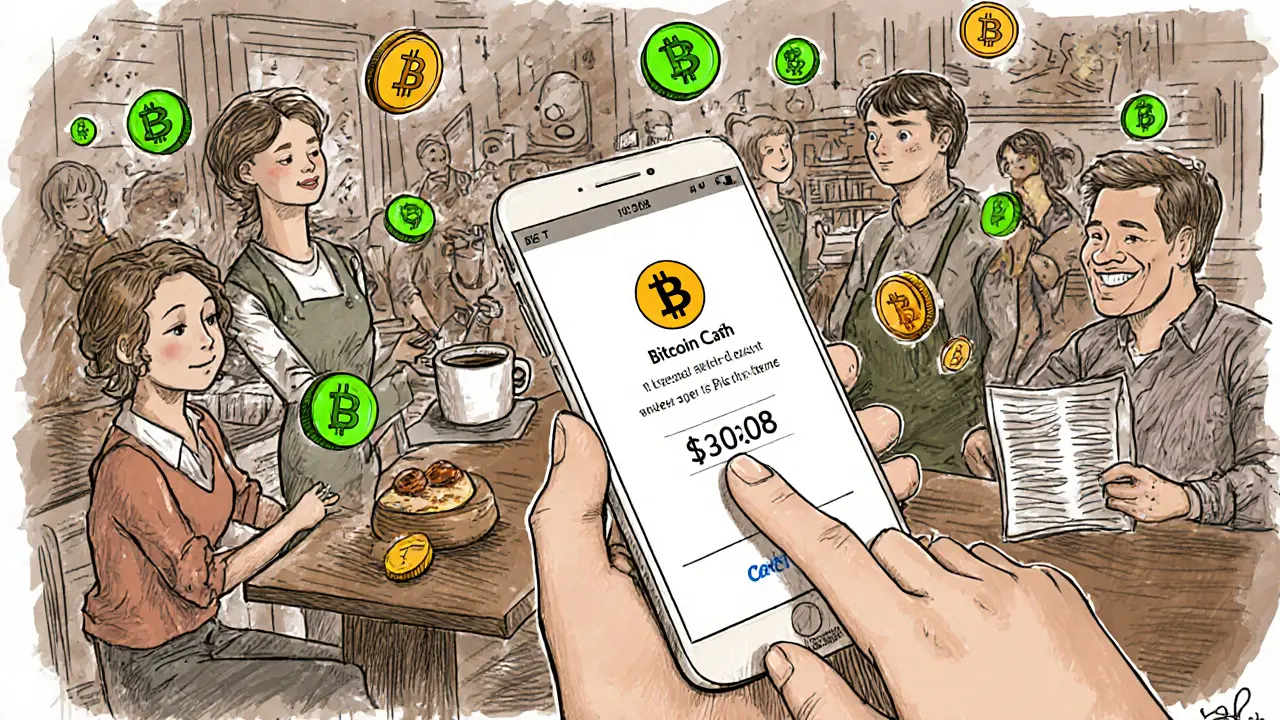 A customer paying for coffee with Bitcoin Cash in a Berlin café, transaction confirmed in 3 seconds.
