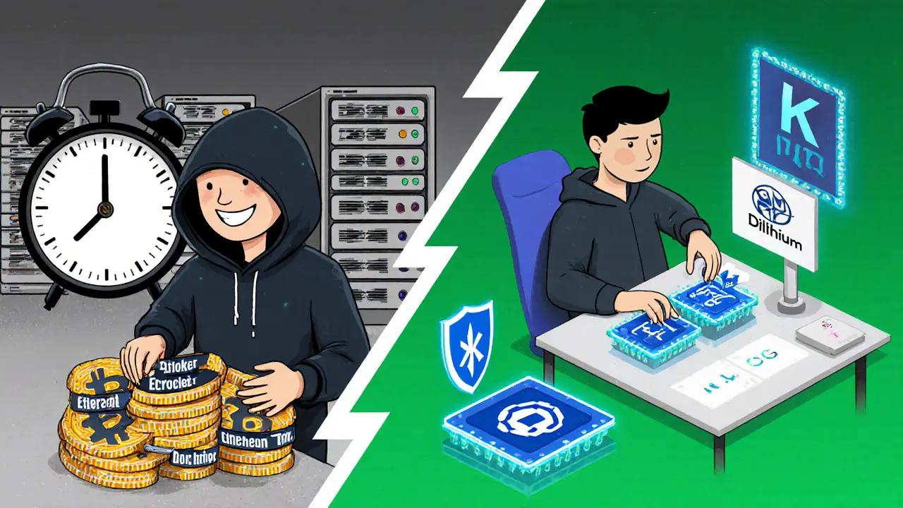 A hacker harvesting encrypted data while a developer replaces vulnerable keys with quantum-resistant ones in a split-screen scene.