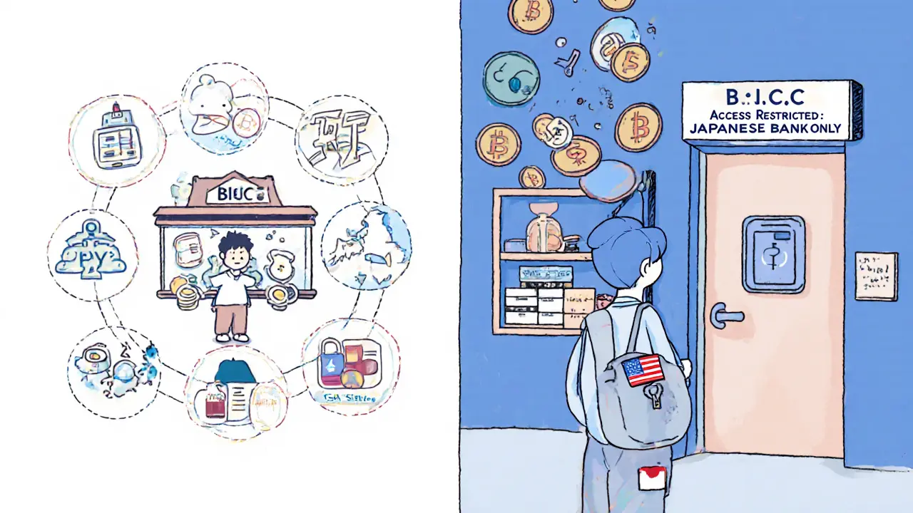 A Japanese user deposits yen into BICC while a global trader faces a locked door marked &#039;Japanese Bank Only&#039;.