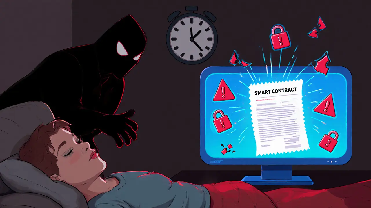 A person asleep while a shadowy figure submits an old transaction to a smart contract with a countdown timer.