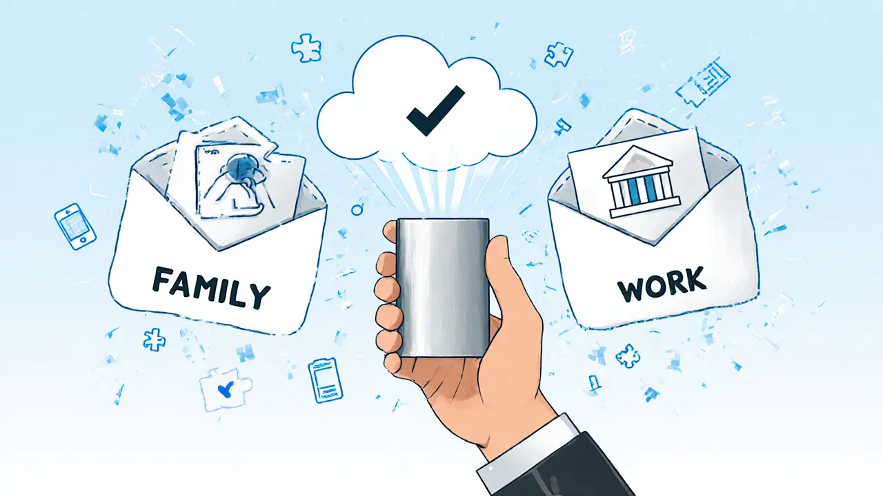 A person with a metal backup and three labeled envelopes floating nearby, showing distributed storage for security.