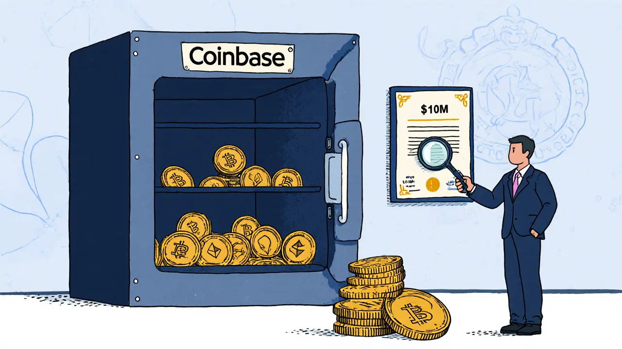 A secure vault storing crypto assets with an auditor checking reserves, labeled Coinbase Custody and M insurance.