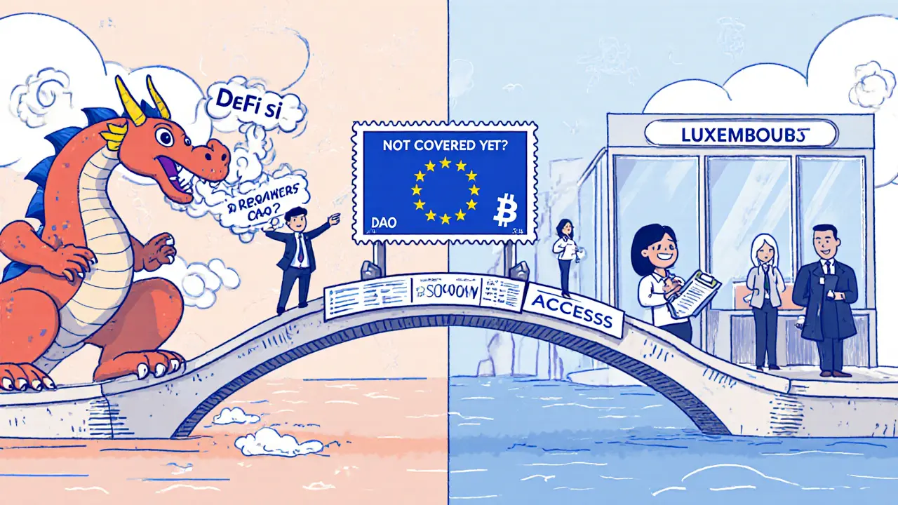 A split scene: chaotic DeFi dragon vs. compliant EU office connected by a bridge of compliance documents.