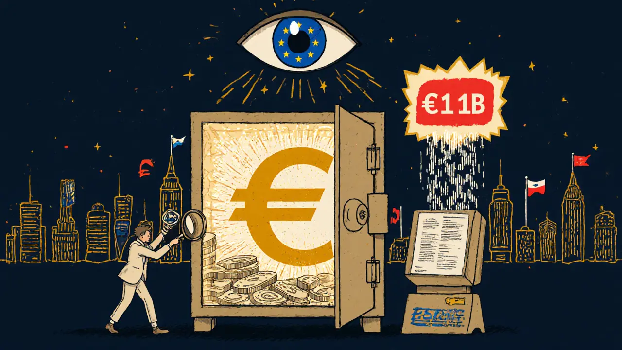 A stablecoin vault guarded by ESMA's eye, with daily audit machines spitting out confirmation slips.