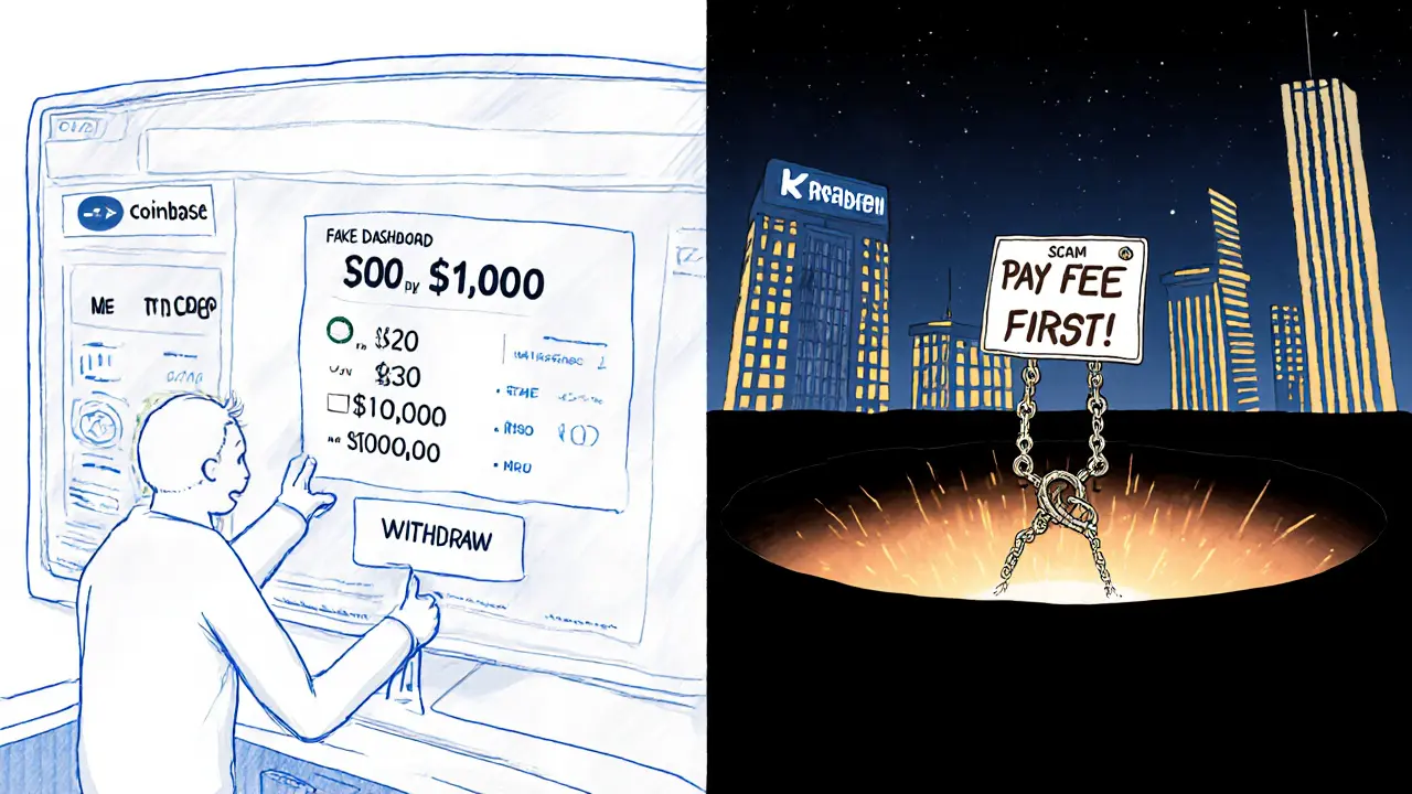 A user shocked as their fake crypto balance vanishes into a black hole while real exchanges shine safely in the distance.