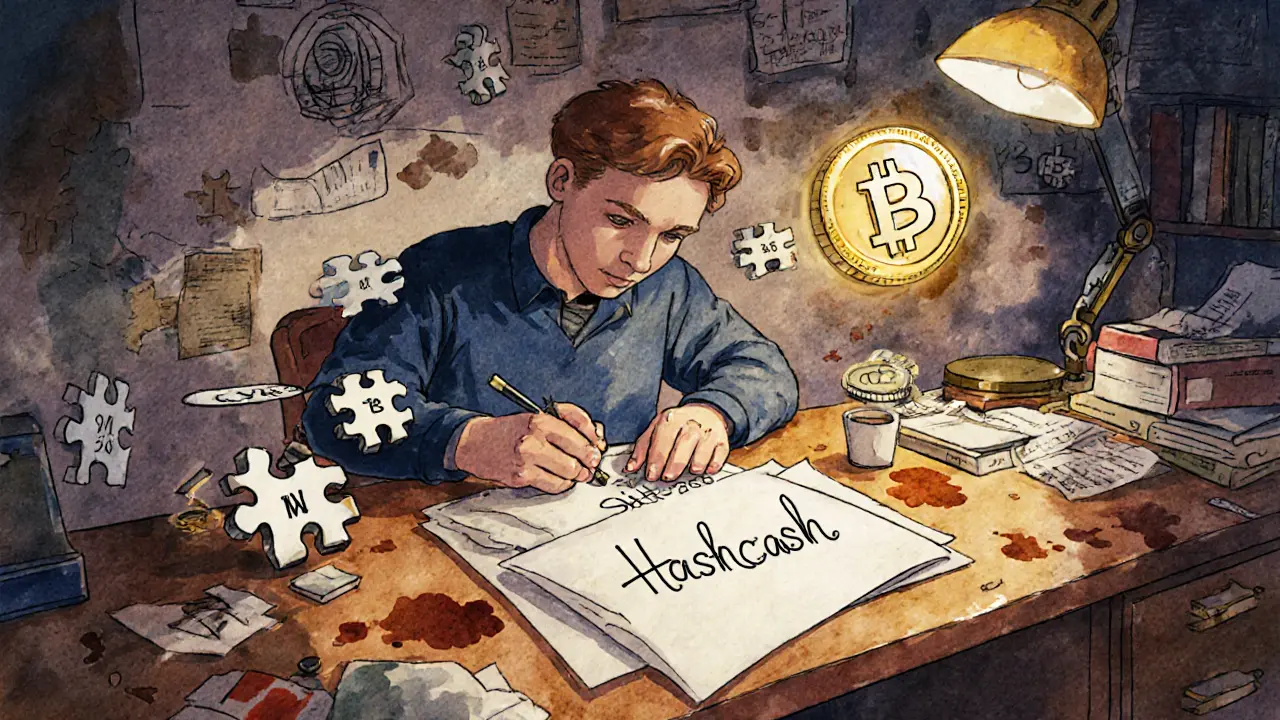 Artist Adam Back at his desk creating Hashcash with floating crypto puzzles.