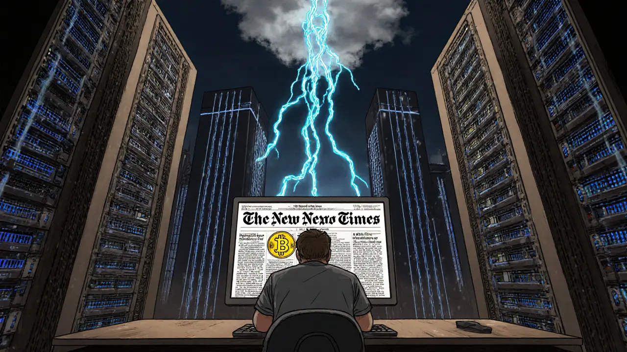 Bitcoin genesis block mined with ASIC miners rising like towers behind a lone miner.