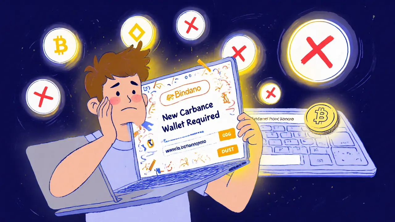 Confused person with exchange logos marked X, trying to claim a NIGHT token using a new Cardano wallet.