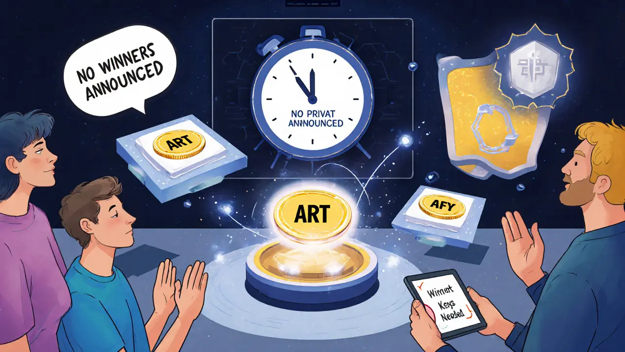 Early users in a futuristic gallery watching NFTs transform from ART to AFY tokens under a security shield.