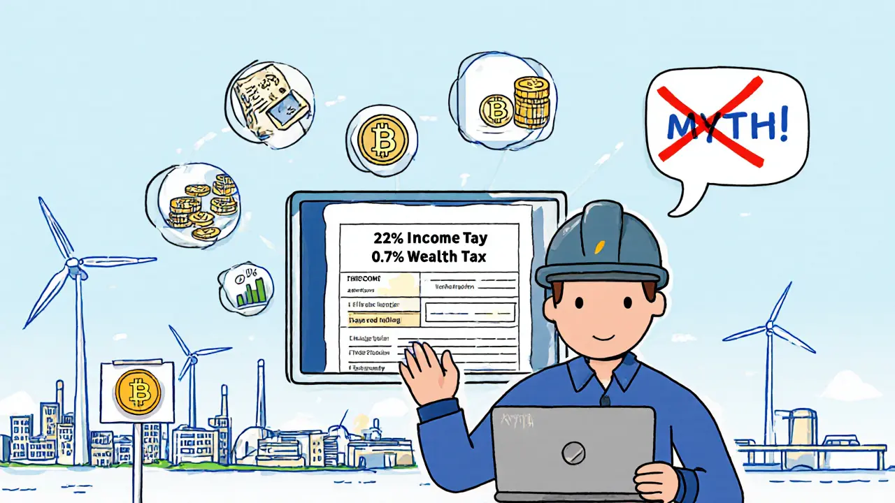 Miner reviewing tax details with crypto and electricity icons, myth debunked visually.