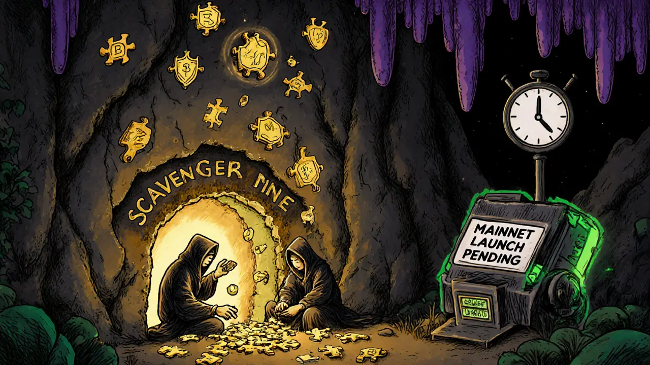 Miners solving privacy puzzles in a blockchain cave, turning unclaimed NIGHT tokens into golden fragments.