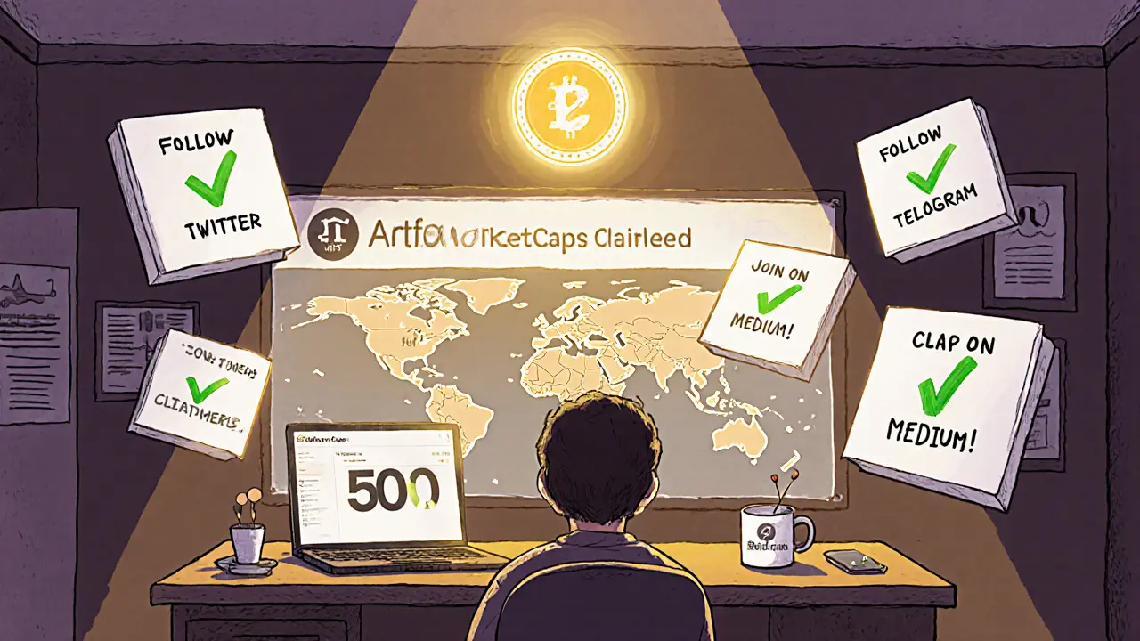 Person at a desk surrounded by seven completed airdrop tasks, with CoinMarketCap logo and Artify AI art visible.