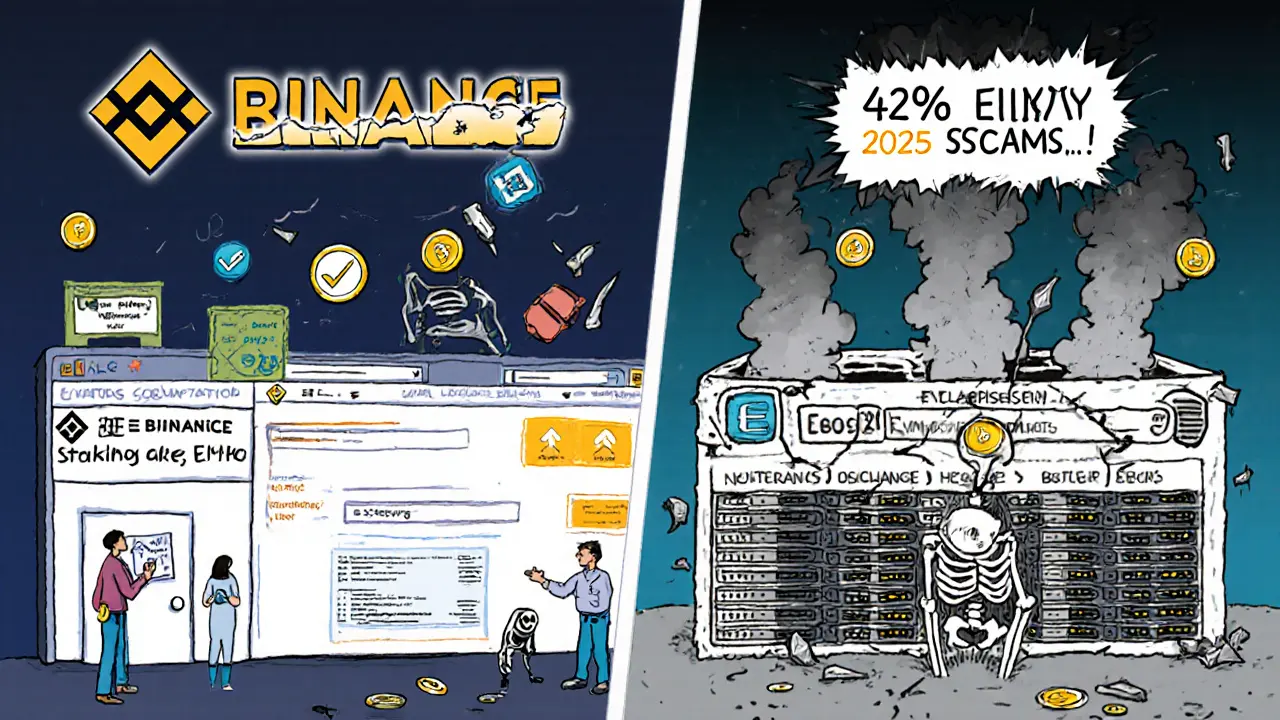 Side-by-side comparison: safe Binance trading vs. collapsing fake EvmoSwap site.